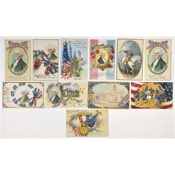U.S., George Washington Patriotic Postcards, incl. Independence Hall & Washington Taking Command Sce