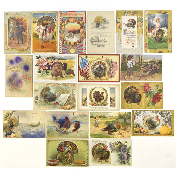 U.S., Thanksgiving Postcards, incl. Embossed Turkey, Harvest, and Patriotic Designs | 1908 to 1912