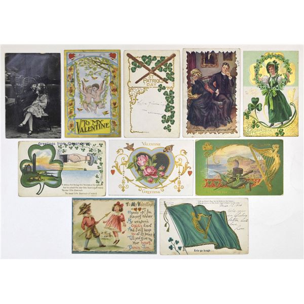 U.S., Valentine and St. PatrickÍs Day Postcards, incl. Embossed Clover and Romantic Scenes | 1906 to