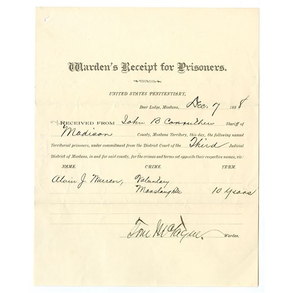 MT. WardenÍs Receipt for Prisoners, 1888, Issued Government Prison Document