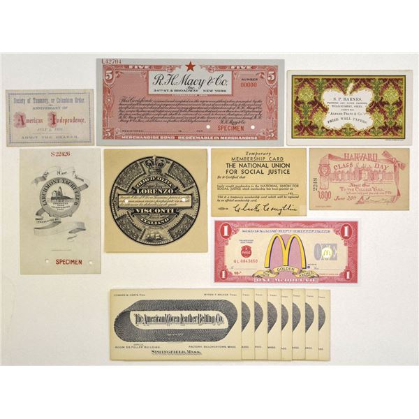 Advertising Cards, Tickets, Specimens, and Promotional Ephemera Assortment, 1876 to ND (1990s).