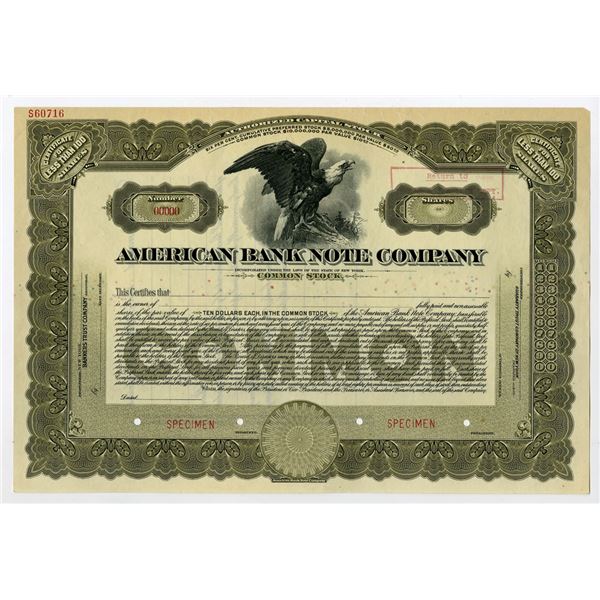 NY. American Bank Note Co., 1910-1930 Specimen Stock Certificate