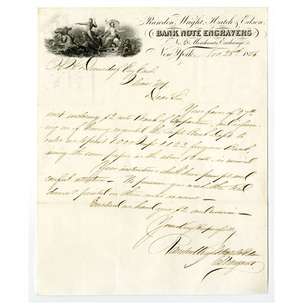 NY. Rawdon, Wright, Hatch & Edson Bank Note Engravers, 1856, Manuscript Letter with Intaglio Printed