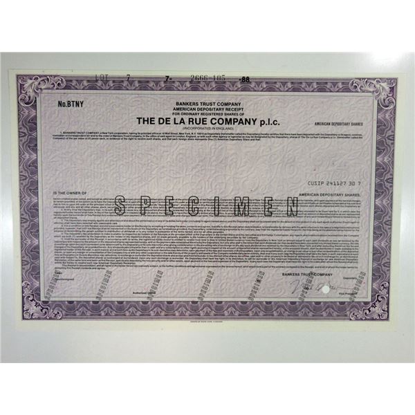 United Kingdom. De La Rue Co. p.l.c., 1988, Specimen ADR Certificate of Historic Security Printer