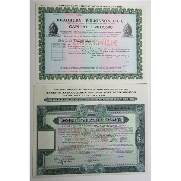UK and Greece. Bradbury, Wilkinson PLC Stock Certificate, &  Bank of Greece Bond, 1932 and 1960s, Sp