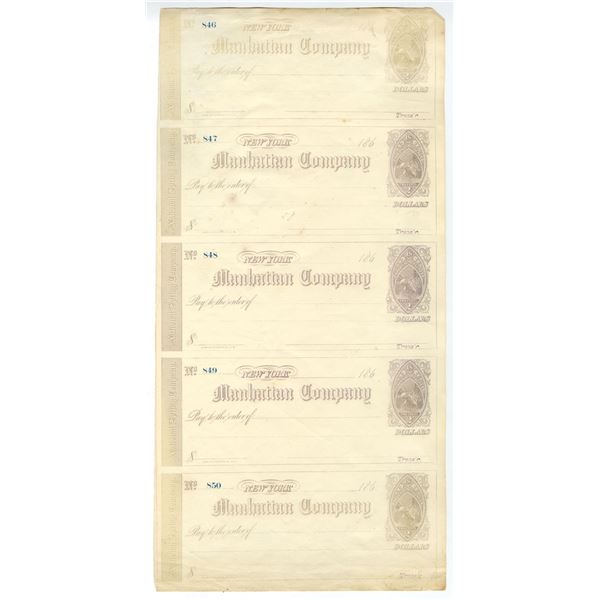 NY. Manhattan Co., ND (1860s), Uncut Sheet of 5 Revenue Imprinted Bank Checks with 2 Cents Violet RN