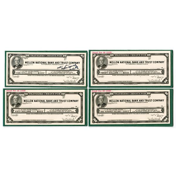 PA. Mellon National Bank and Trust Co., 1947, Unique Approval Proof Travelers Cheque Quartet.