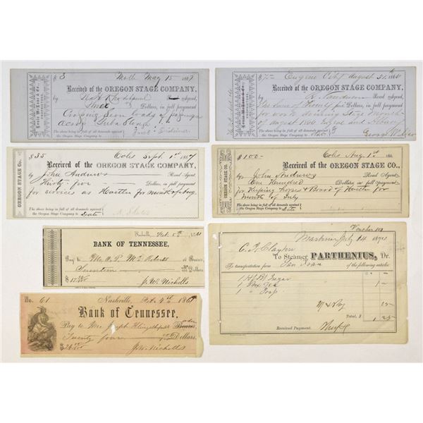 TN. OR. Western Transportation and Banking Documents 1861 to 1874 Stage and Bank Ephemera Group