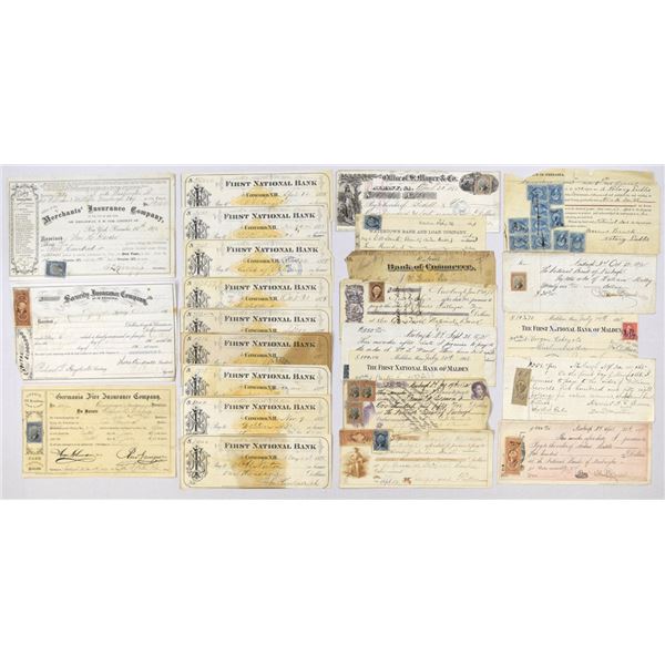 Checks and Insurance Receipts Collection, Many with 1st & 2nd Issue U.S. Revenue Stamps 1860 to 1910