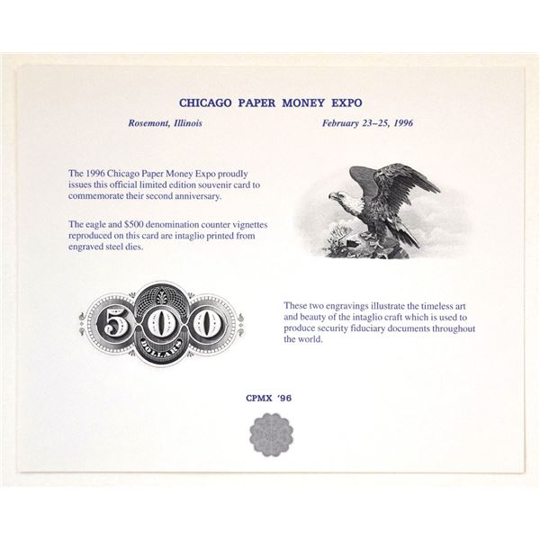 IL. Chicago Paper Money Expo, 1996, Intaglio Printed Souvenir Card.