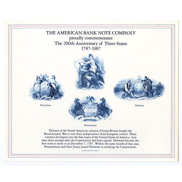 ABN Souvenir Cards, "ABN Commemorates the 200th Anniversary of Three States 1787-1987" with 4 Intagl