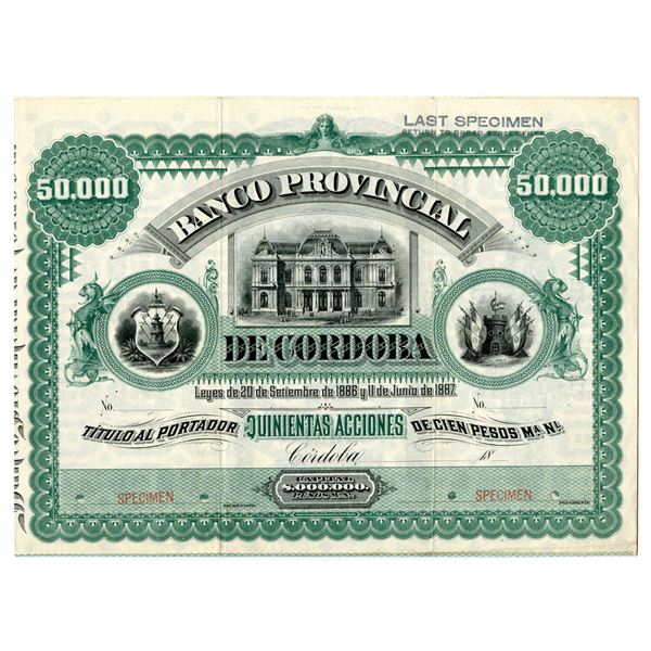 Argentina. Banco Provincial de Cordoba, 1886, Specimen Bond.