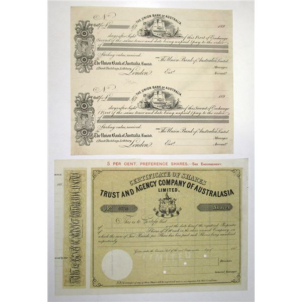 Australia. Union Bank of Australia Ltd. and Trust and Agency Co. of Australia, 1890s, Proof Exchange