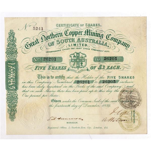 Great Northern Copper Mining Co. of South Australia, Ltd., 1859 I/U Stock Certificate