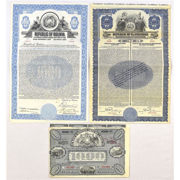 Bolivia, El Salvador & Chile Specimen Coupon Bond Trio, 1900 to 1928.