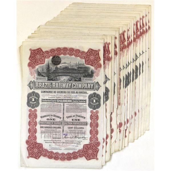 Brazil. Brazil Railway Co., 1910 to 1911, Group of 20, I/U 1 Share Certificates by Waterlow & Sons.