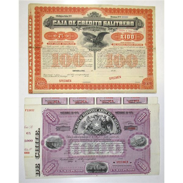 Chile. Banco Hipotecario de Chile and Caja de Credito Salitrero, ND (1900 and 1908), Specimen Bond P