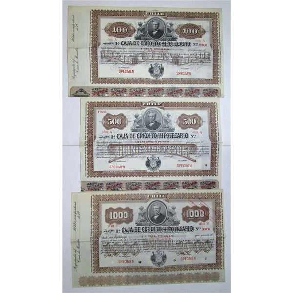Chile. Caja de Credito Hipotecario, 1900-1910, Specimen 8%-1%, Serie A Coupon Bond Trio.