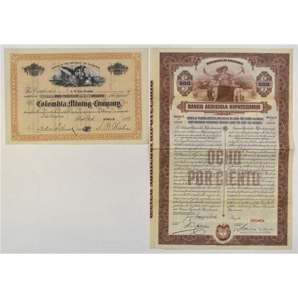 Colombia. Colombia Mining Co. and Banco Agricola Hipotecario Colombia, 1888 and 1942, Certificate Pa