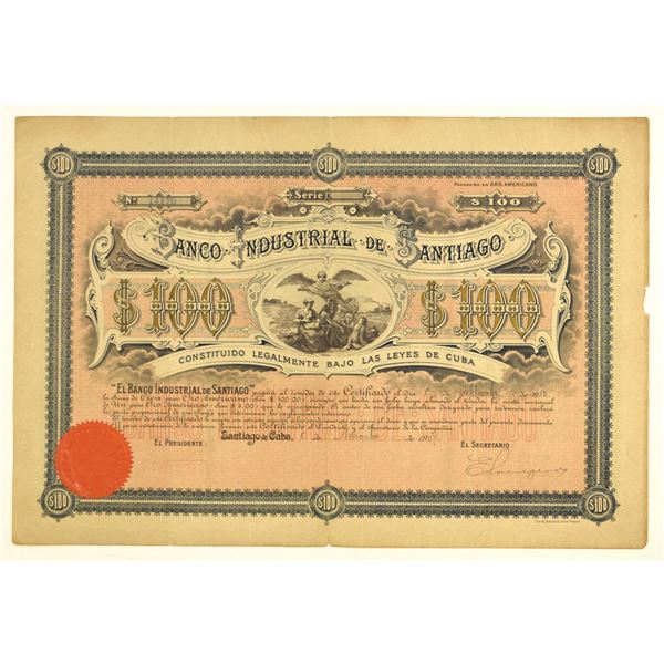 Cuba. Banco Industrial de Santiago, 1907, I/U Bond.