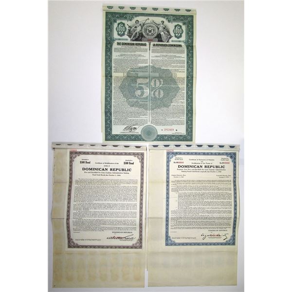 Dominican Republic 1918 to 1941, Specimen Coupon Government Bond Trio.