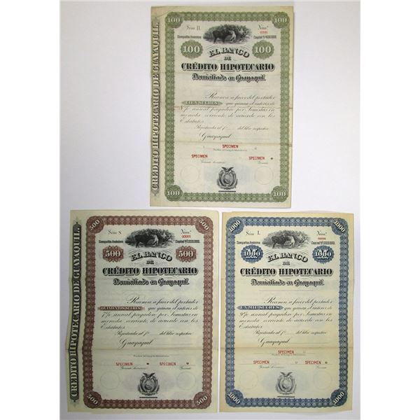 Ecuador. Banco de Credito Hipotecario, ND (1880 to 1920s), Specimen Coupon Bond Trio.