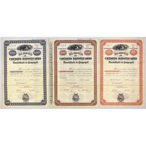 Ecuador. Banco de Credito Hipotecario, ND (1880 to 1920s), Specimen Coupon Bond Trio.