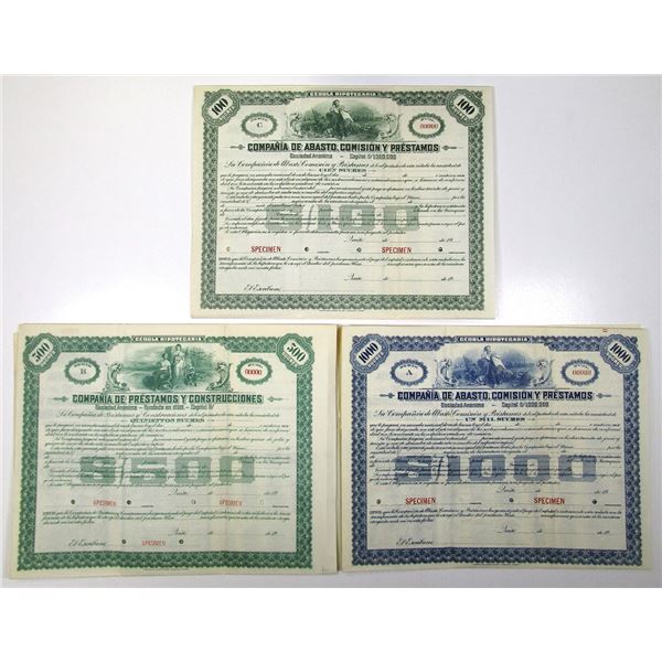 Ecuador. Compania de Abasto, Comision Y Prestamos, ND (1910 to 1930s), Specimen Coupon Bond Trio.