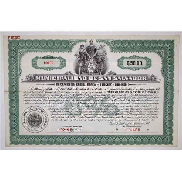 El Salvador. Municipalidad de San Salvador, 1937, Specimen Coupon Bond