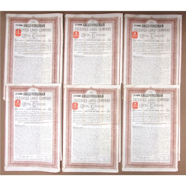 Anglo-Virginian Freehold Land Co. Ltd., 1879, Group of 6 I/U Bonds.