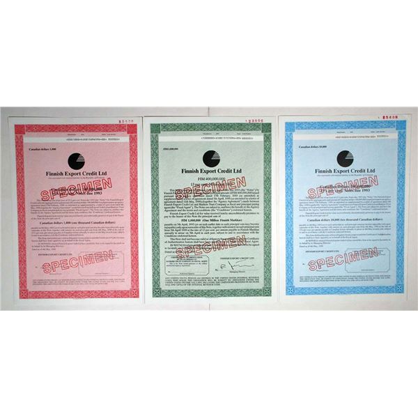 Finland. Finnish Export Credit Ltd., 1990. Lot of 3 Specimen Coupon Bonds, XF-AU. WLG