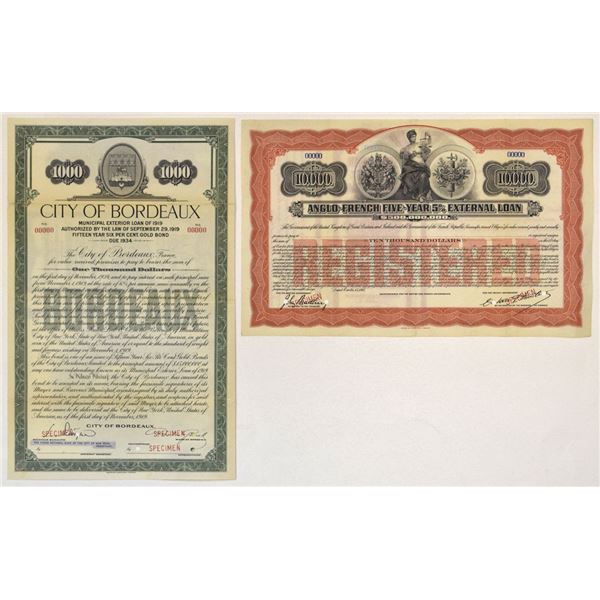 France. Anglo-French Loan, 1915; and, City of Bordeaux, 1919, Specimen Bond Pair