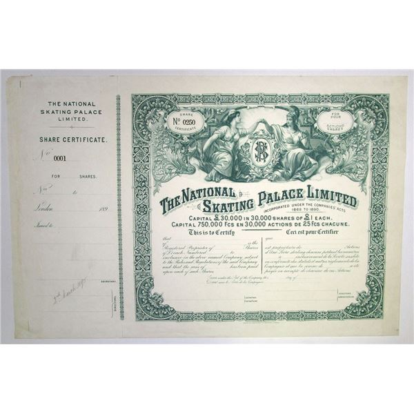 England. France. National Skating Palace Ltd. 1895 Share Certificate.
