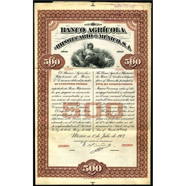 Mexico. Banco Agricola e Hipotecario De Mexico 1907 Specimen Bond.
