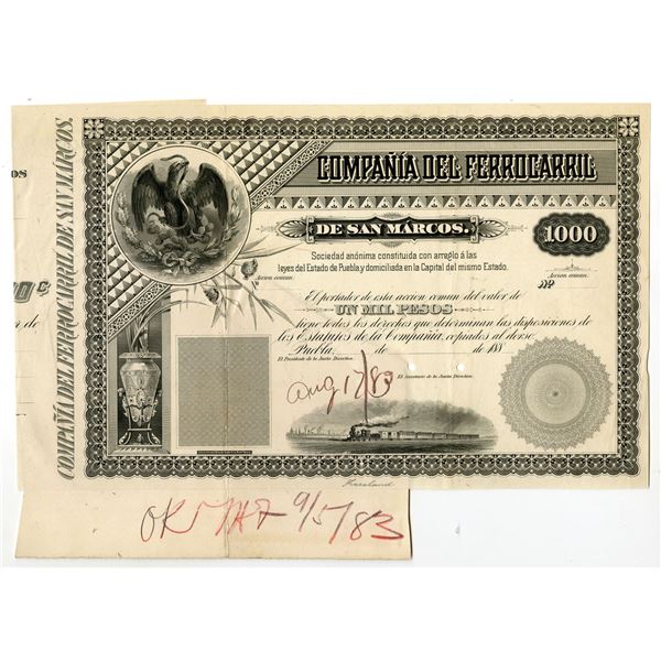 Mexico. Compania Del Ferrocarril De San Marcos, 1883 Unique Progress Proof Bond.