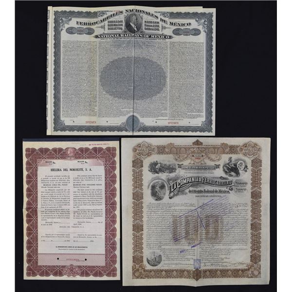 Mexico. Mexican Railroad I/U and Specimen Bond Trio, ca.1896 to 1948.