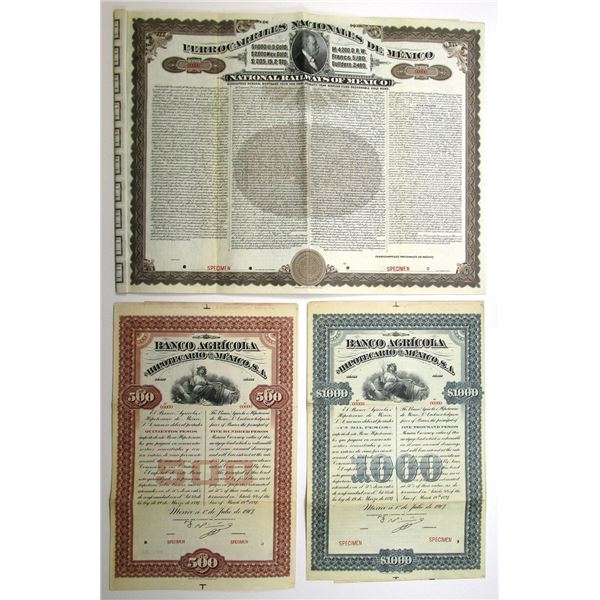 Mexico. Mexican Specimen Bank and Railroad Bond Trio, 1907