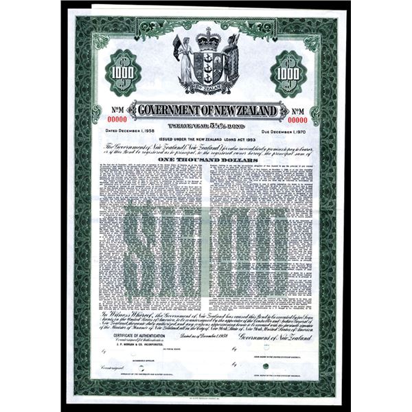 New Zealand. Government of New Zealand, 1958 Specimen Bond