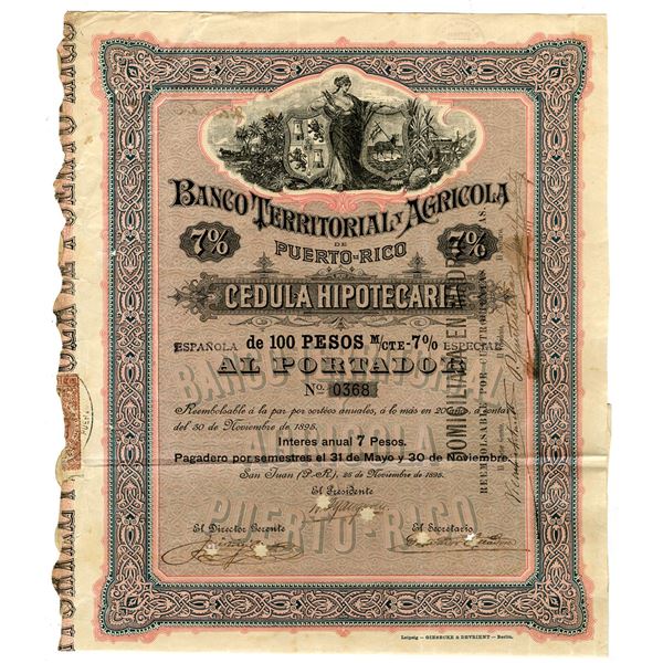Puerto Rico. Banco Territorial y Agricola de Puerto Rico, 1895, I/C Bond