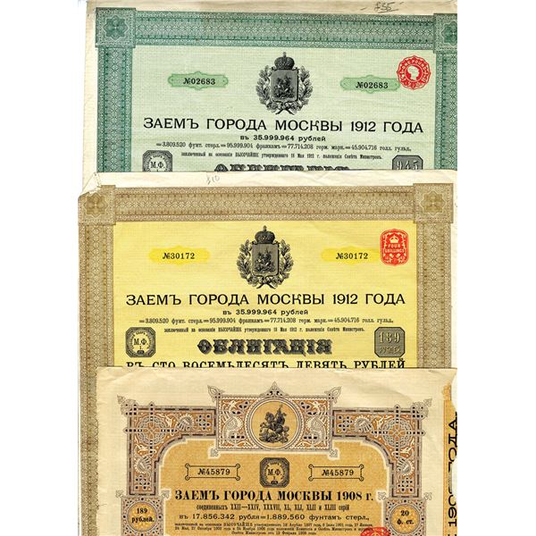 Russia. City of Moscow, 1908-1912, Trio of Bonds