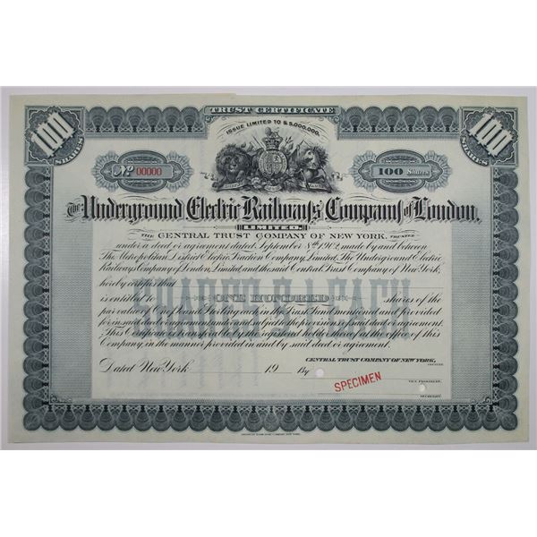 U.K., Underground Electric Railways Co. of London Ltd., 1902, Specimen Stock Certificate