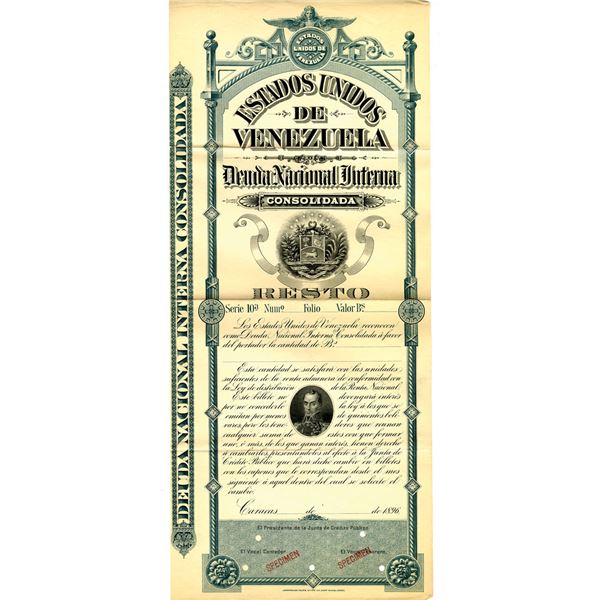 Venezuela. Estados Unidos de Venezuela, Deuda Nacional Interna Consolidada 1896, Specimen Bond Rarit