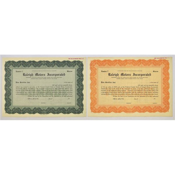 DE. Raleigh Motors Inc., ND (ca. 1910s to 1920s)., Specimen Stock Certificate Pair.