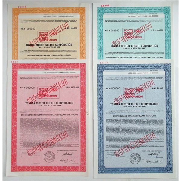 Japan, California & Canada. Toyota Motor Credit Corp. 1991-92 Specimen Bond Group of 4