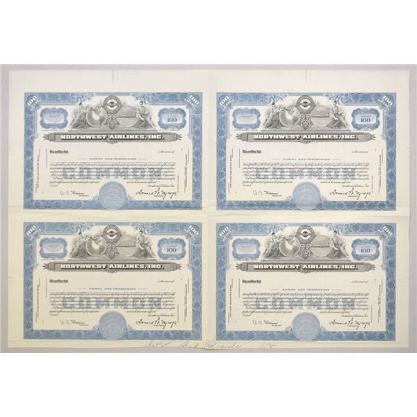 MN. Northwest Airlines, Inc., ND (1940 to 1950s), Uncut Sheet of 4 Proof Stock Certificates.