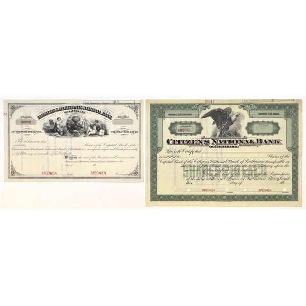 MD. Baltimore National Bank, c.1900-20 Stock Certificate Pair