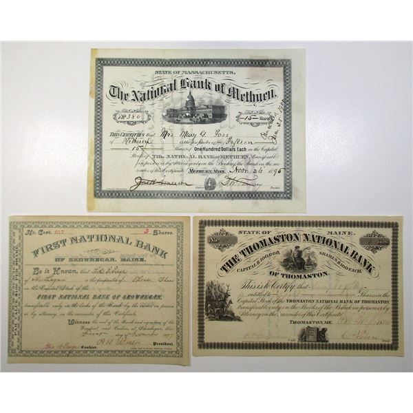 MA. ME.. Massachusetts and Maine National Bank Stock Certificate Trio, 1884 to 1897