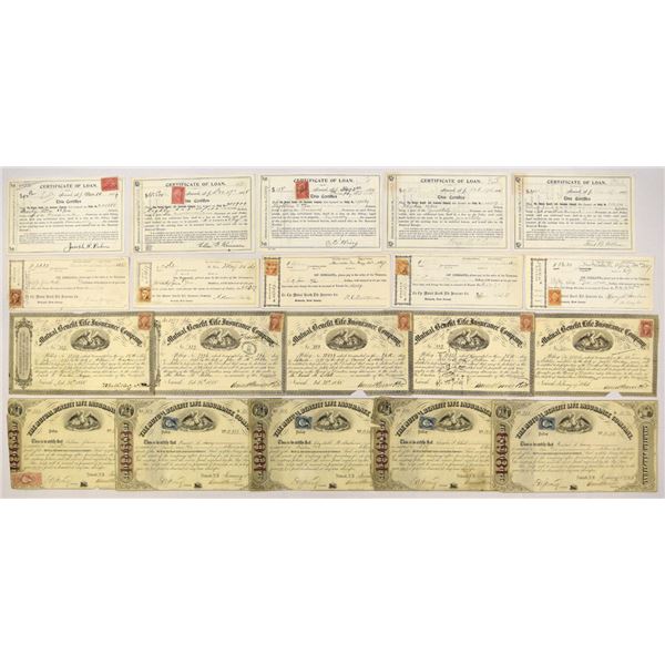 NJ. Mutual Benefit Life Insurance Co., 1860 to 1870s, I/U  Loan Certificates and Policy Document Gro