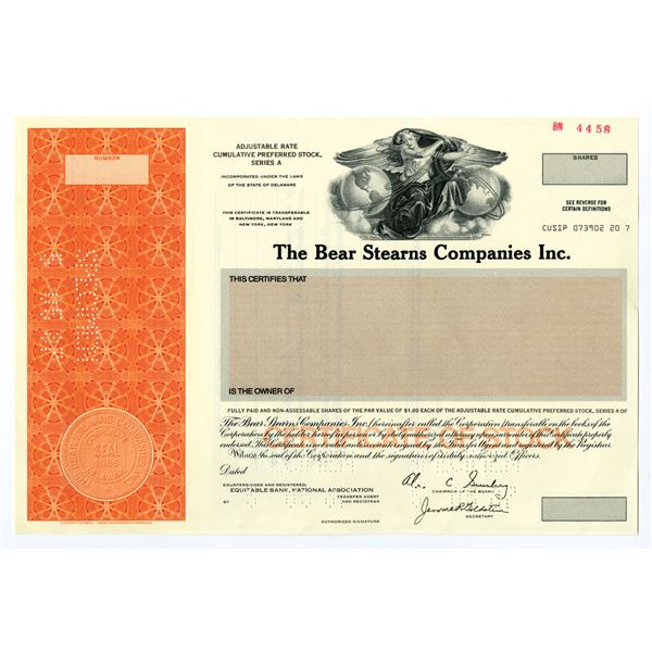 NY. Bear Sterns Co. Inc., 1987, Specimen Stock Certificate.