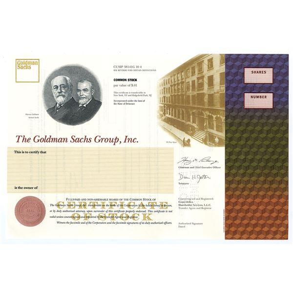 NY. Goldman Sachs Group, Inc. 1999 IPO Specimen Stock Certificate